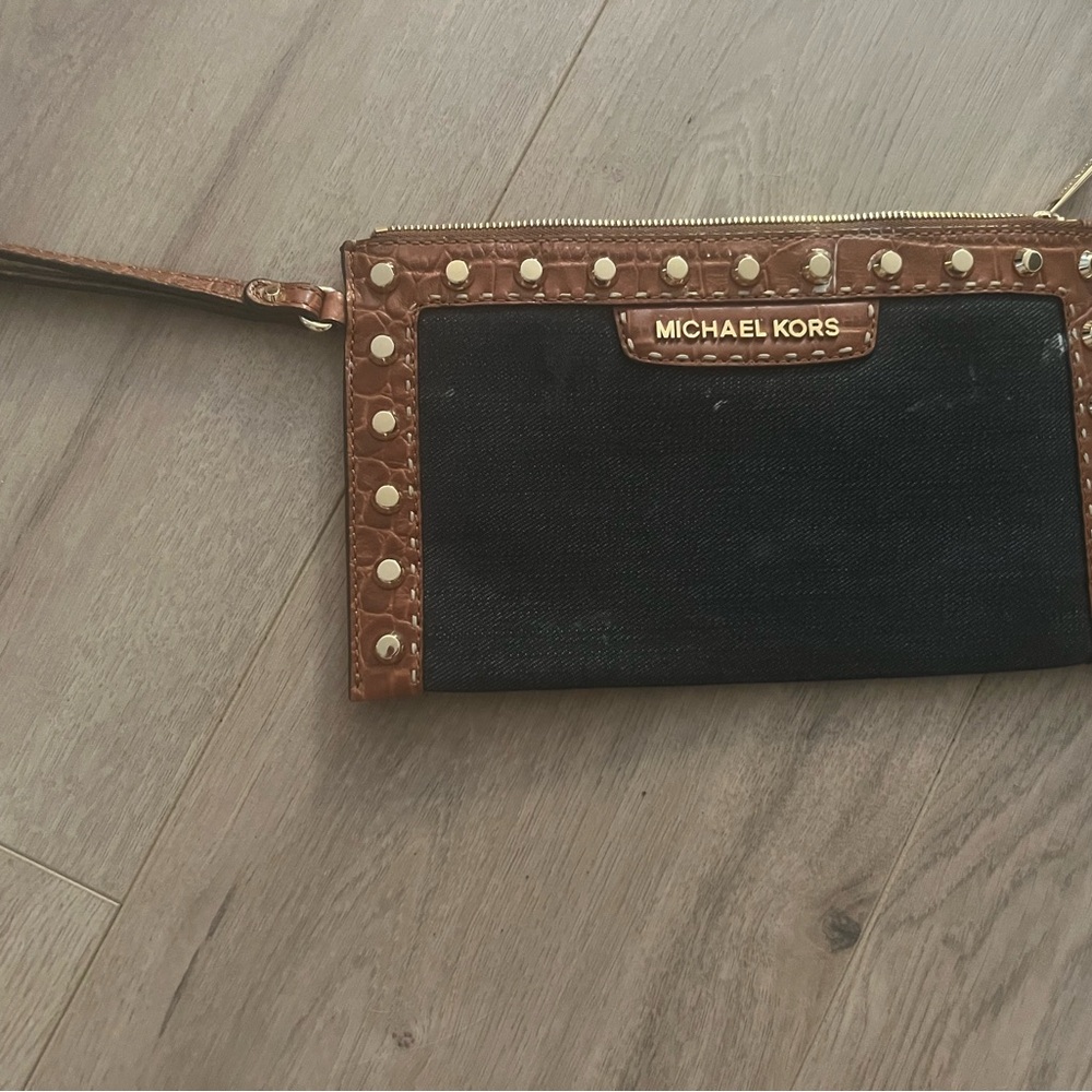 Michael Kors Black and Tan Wristlet with Gold Studs